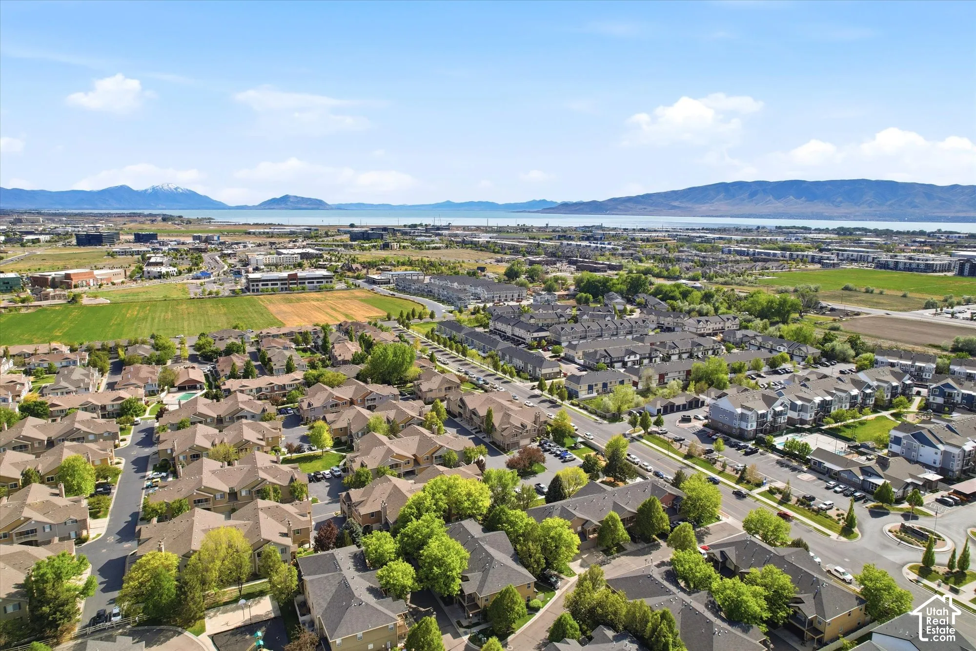 Aerial perspective showcasing a residential community with varied architectural styles