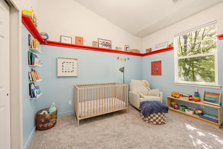Carpeted room featuring a high vaulted ceiling, built-in wall shelving, and a large double-hung window