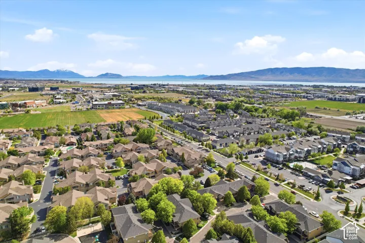 Aerial perspective showcasing a residential community with varied architectural styles