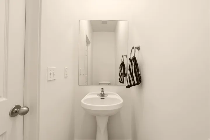 Pedestal sink featuring a chrome faucet, rectangular wall-mounted mirror, and wall-mounted towel ring