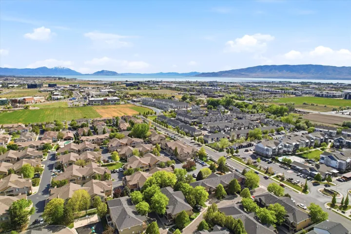 Aerial perspective showcasing a residential community with varied architectural styles