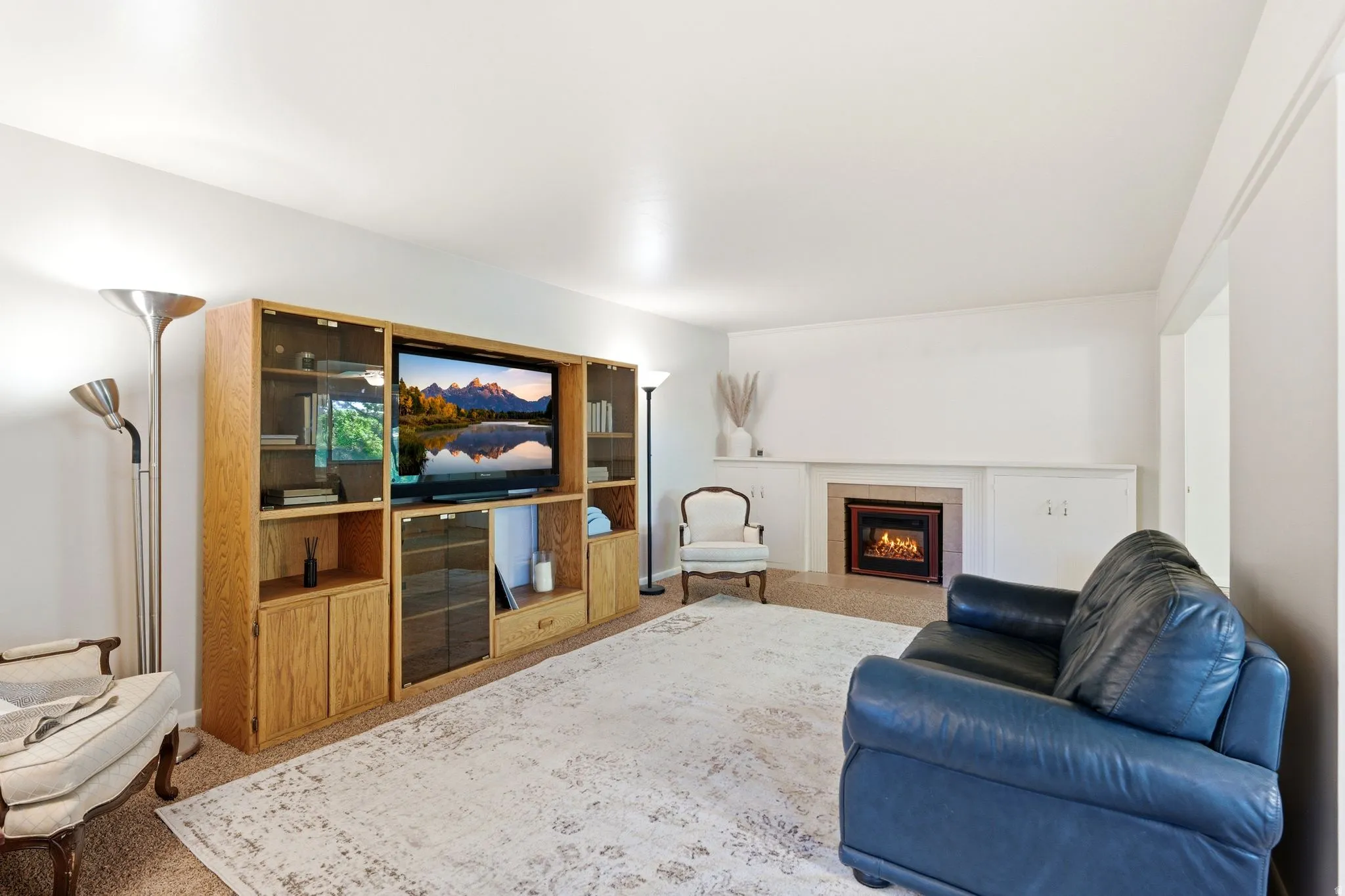 Living area featuring a floor-to-ceiling built-in entertainment unit with glass-front display cabinetry, a built-in fireplace with a hearth, and carpeted flooring