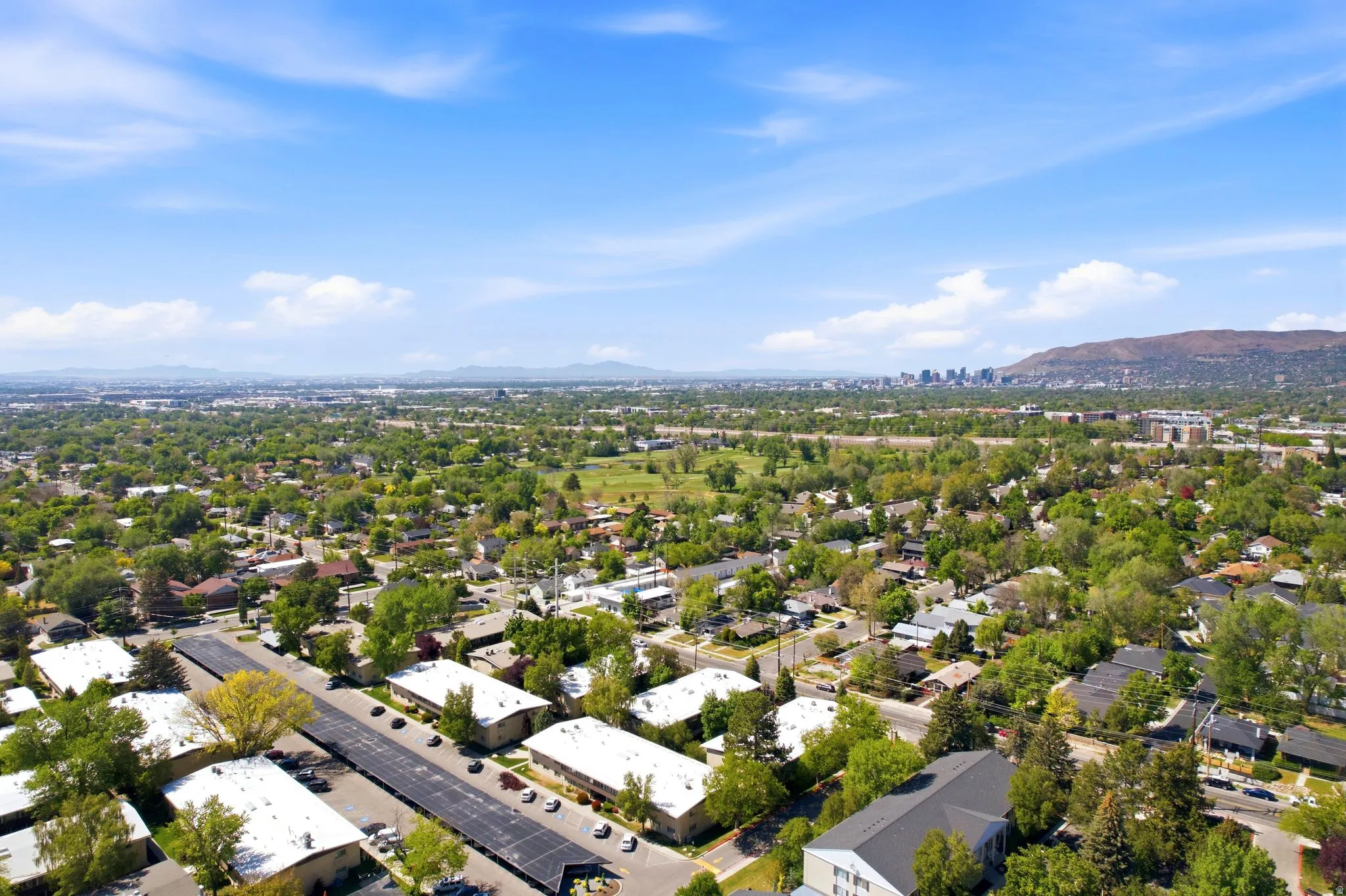 Expansive aerial perspective showcasing a residential neighborhood with a distant cityscape and mountain backdrop