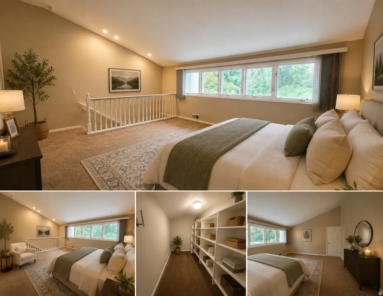 Master Bedroom Suite. Photographs depicting bedroom layout, furnishings, storage areas, and natural lighting from windows