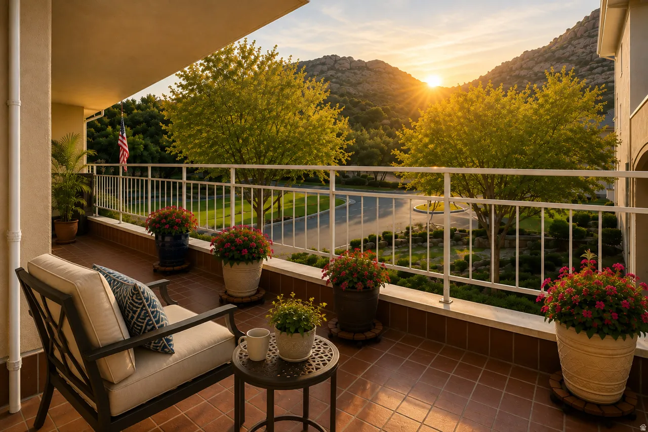 Balcony with tiled flooring, white railing, and a landscaped common area