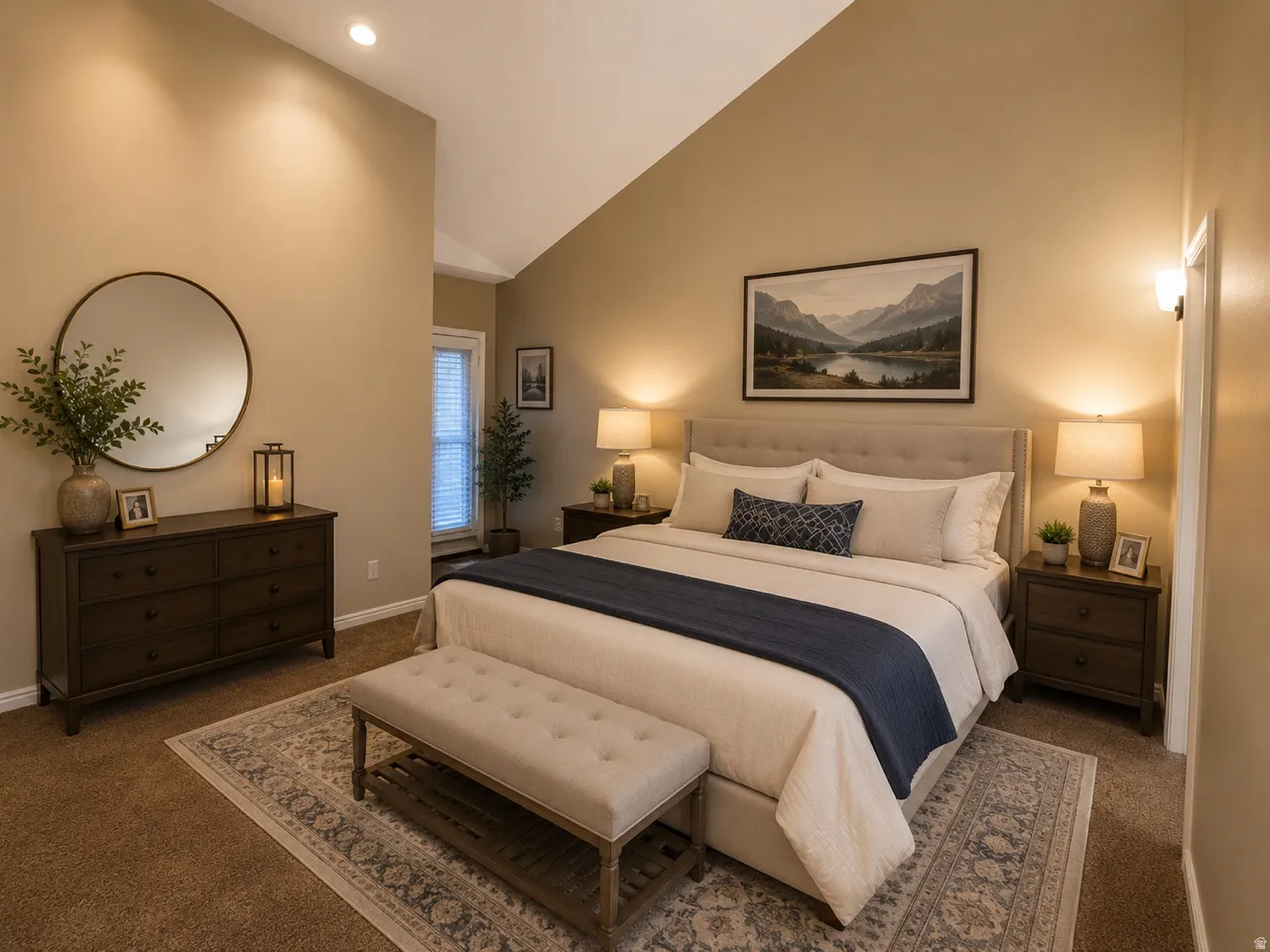 Vaulted ceiling, recessed lighting, and soft carpet flooring