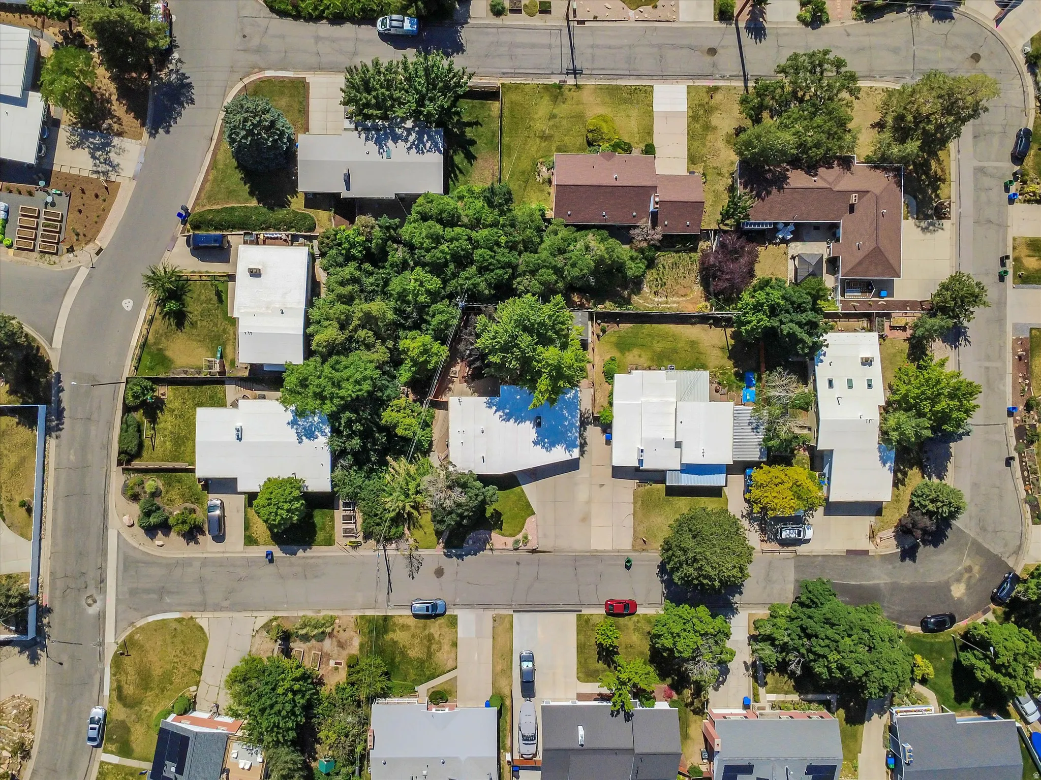 Aerial perspective showcasing a residential neighborhood with diverse architectural styles