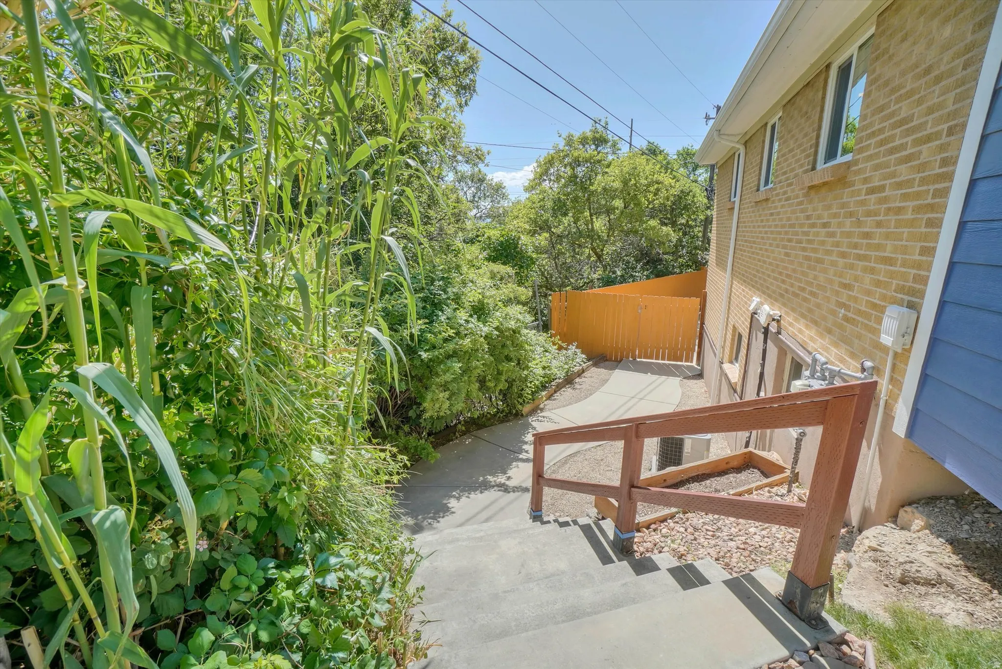 Exterior concrete steps with a wood-finish railing lead to a concrete pathway