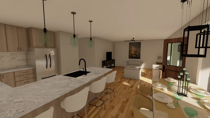Open-concept living area with wood-finish flooring, a kitchen island with seating, pendant lighting, stainless steel appliances, and a wood entry door