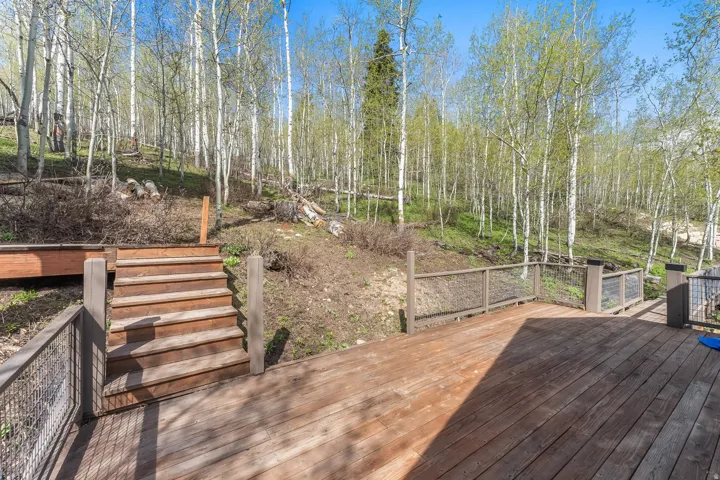 Wood deck with slatted stairs, wire mesh railing, and a mature tree backdrop