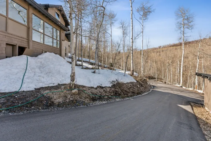 Asphalt driveway with a natural treeline backdrop, featuring a multi-story exterior with large windows and a partial retaining wall