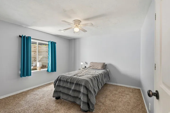 Carpeted room featuring a ceiling fan with integrated lighting, a window with a white frame, and light gray walls