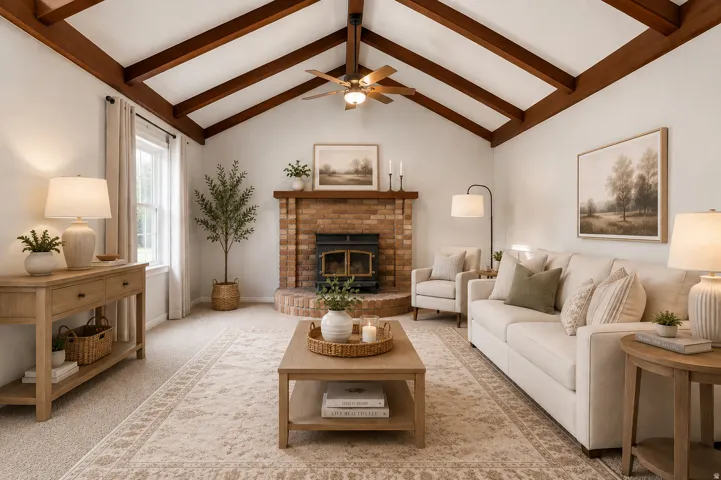 Vaulted ceiling featuring exposed wood beams and a ceiling fan (AI staging)