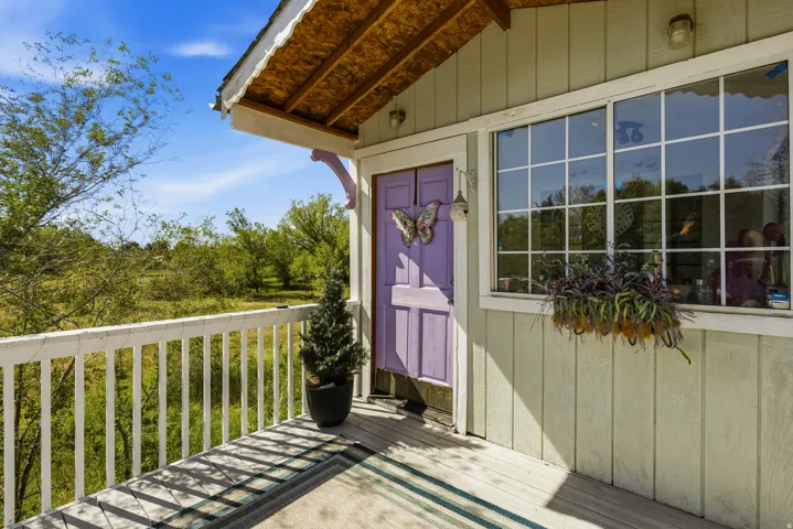 Covered porch with exposed wood soffit, a vibrant purple entry door, white grid windows, and light green vertical siding