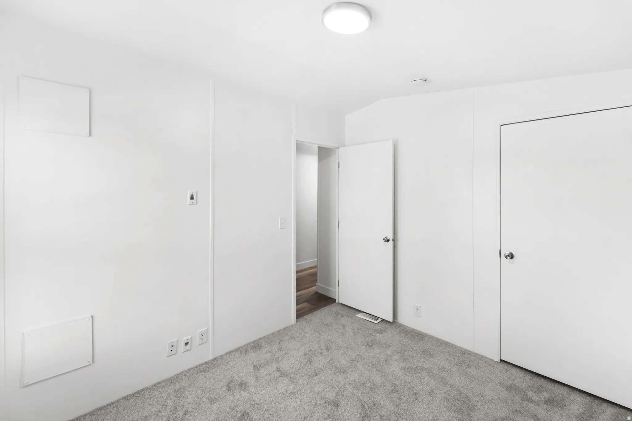 Carpeted room with a flush-mount ceiling light