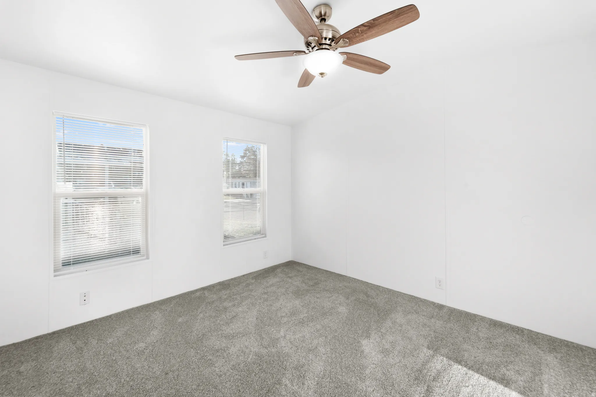 Neutral-toned carpet flooring with white walls and dual windows