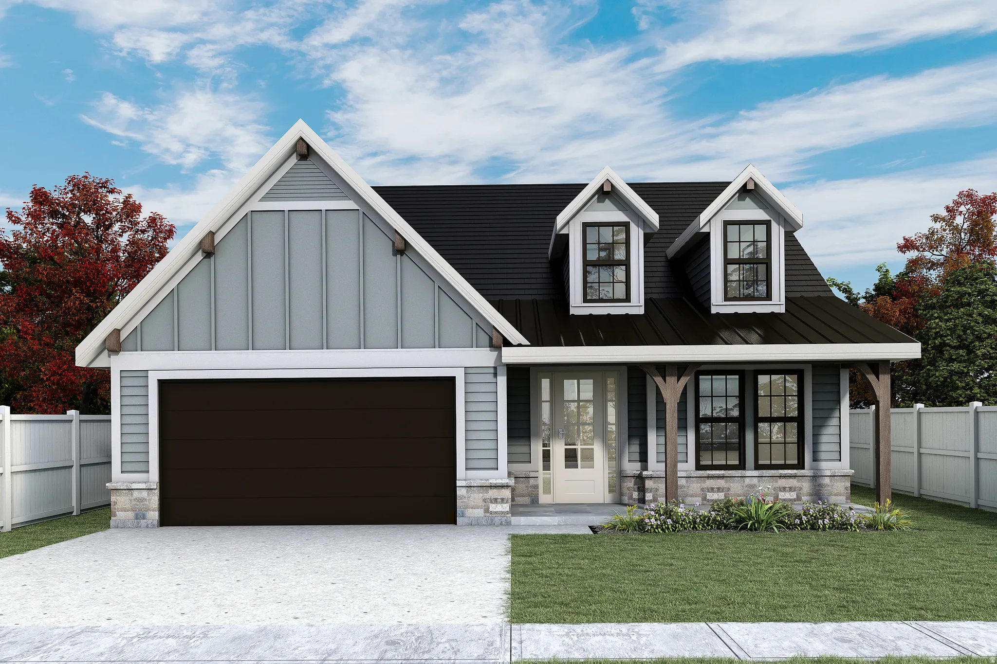 Craftsman-style exterior featuring light blue siding, board-and-batten gable accents, a dark metal roof, and stone facade details