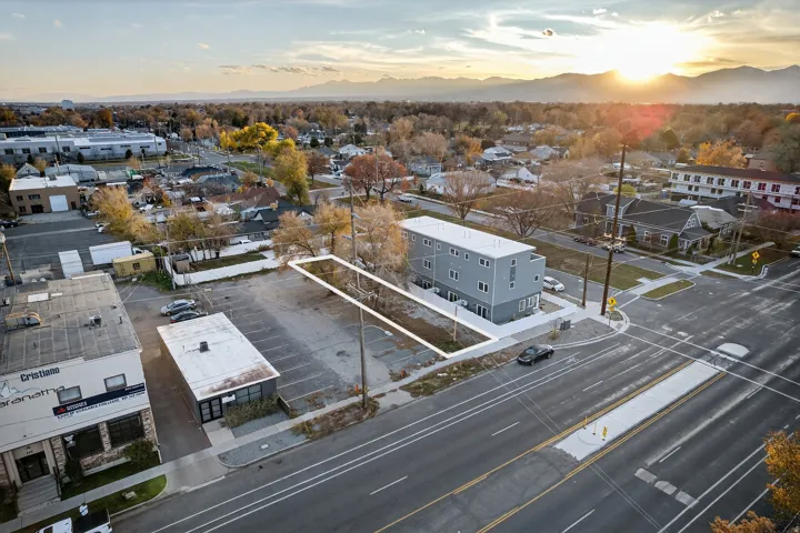 Aerial perspective showcasing an urban lot with defined boundaries
