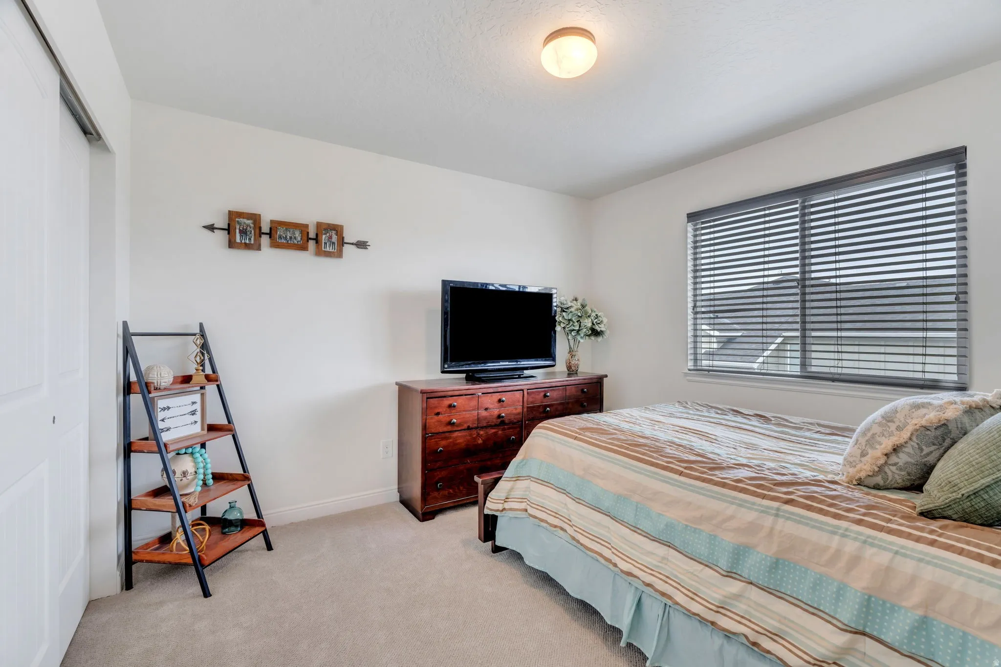Carpeted room featuring a window with horizontal blinds, a ceiling-mounted light fixture, and a sliding closet door