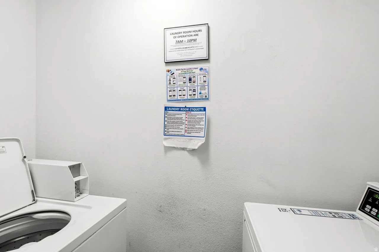 The laundry is located right outside the entry of your condo. A shared laundry space.