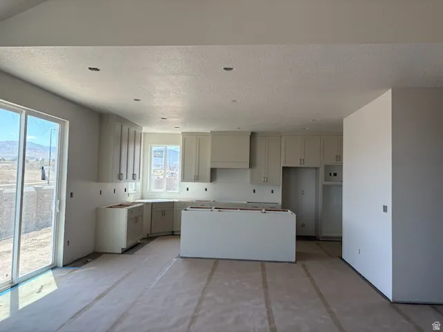 Expansive kitchen area featuring light-toned cabinetry, a central island, and recessed lighting