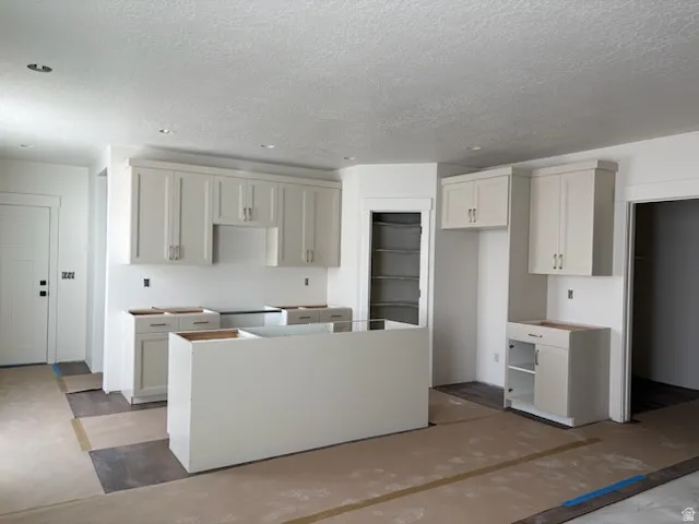 Kitchen featuring white shaker-style cabinetry, a central island, recessed lighting, and a pantry with built-in shelving