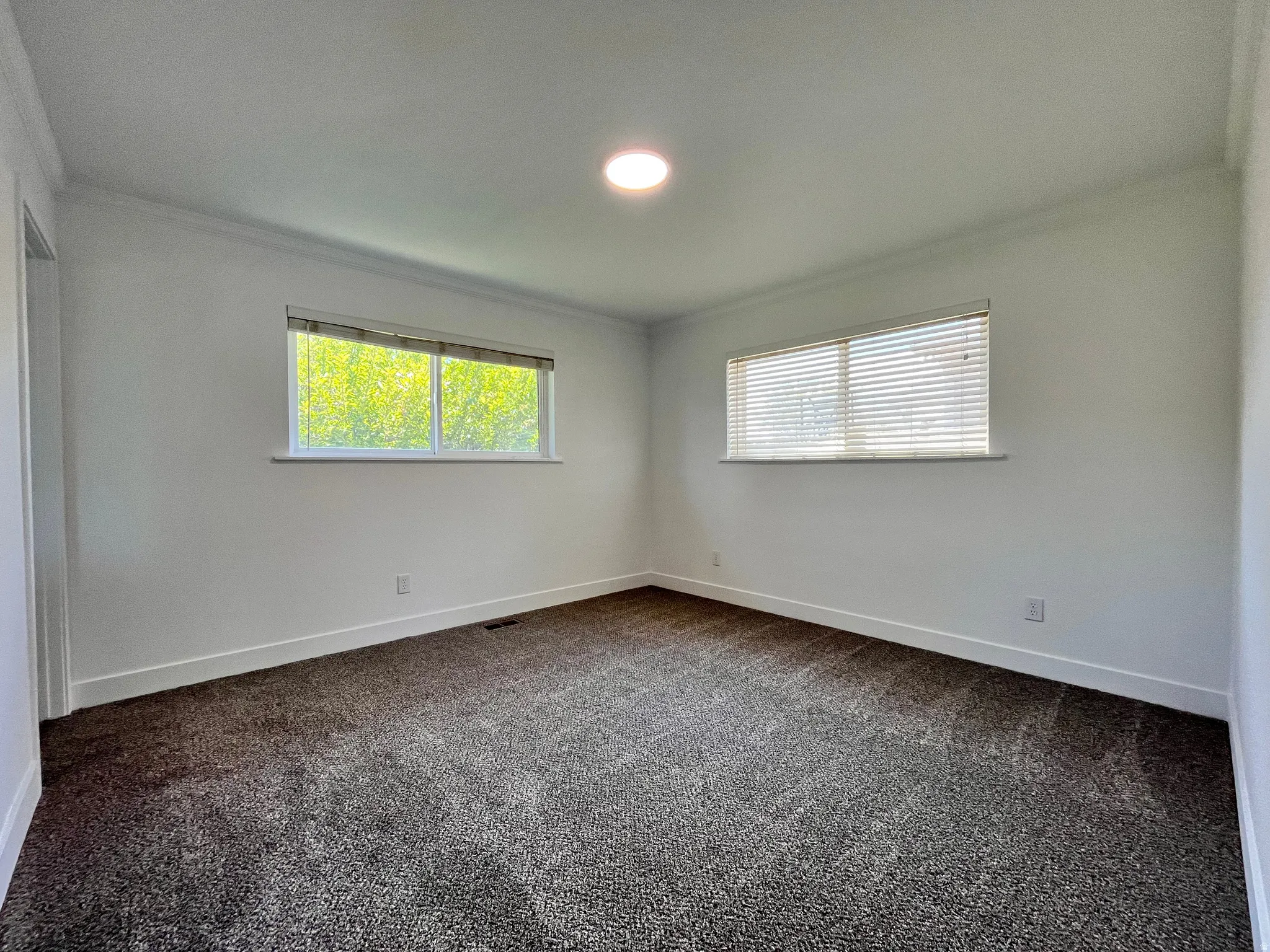 Room featuring neutral carpeting, white walls, two windows with blinds, a recessed ceiling light, and crown molding