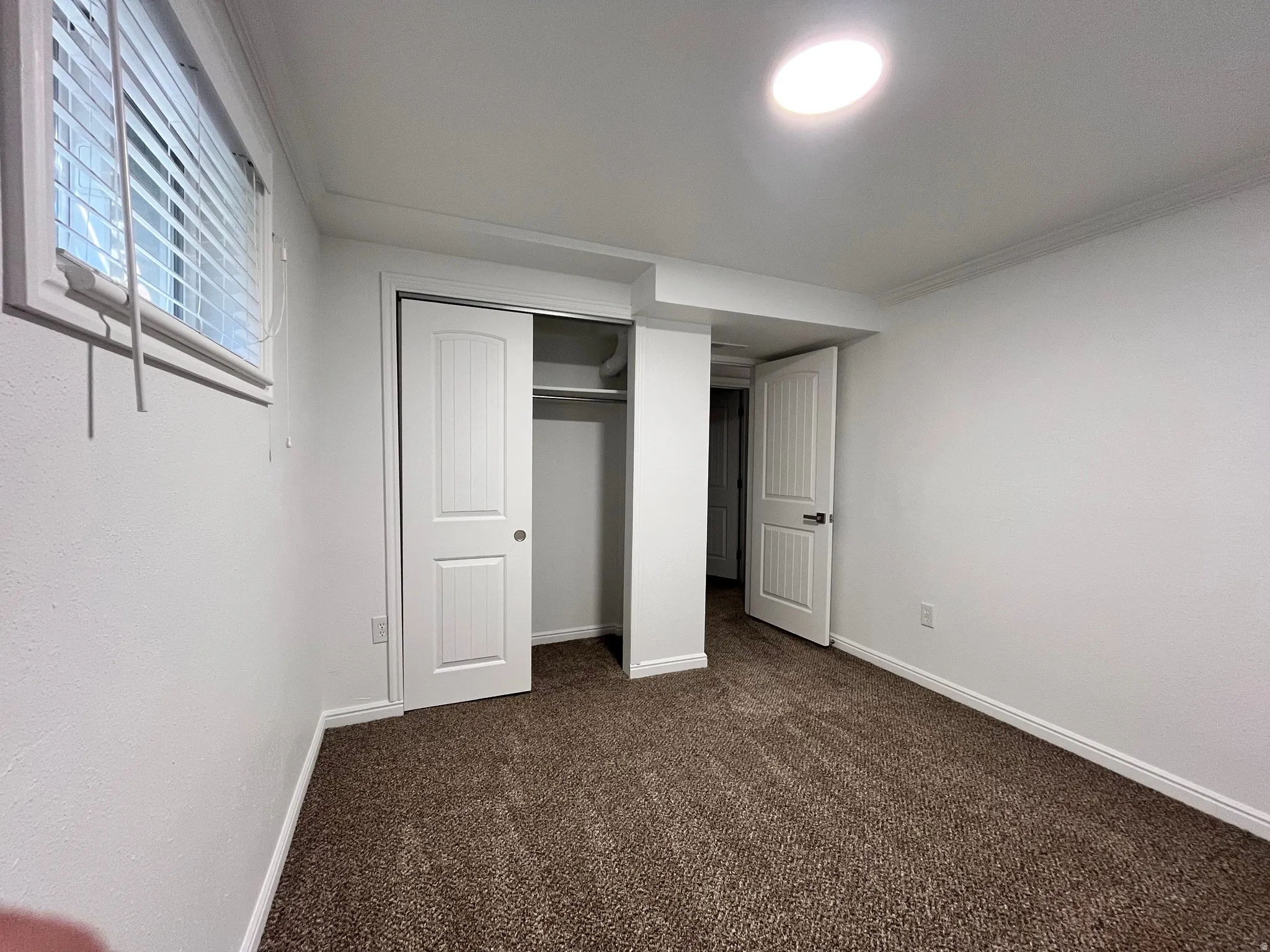 Carpeted room featuring a white interior door, bifold closet doors, a window with blinds, and an overhead light fixture