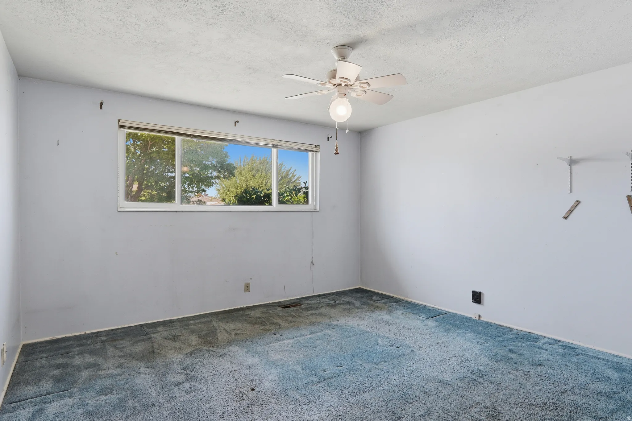 Spacious room featuring a multi-pane window, ceiling fan with integrated lighting, and wall-to-wall carpeting
