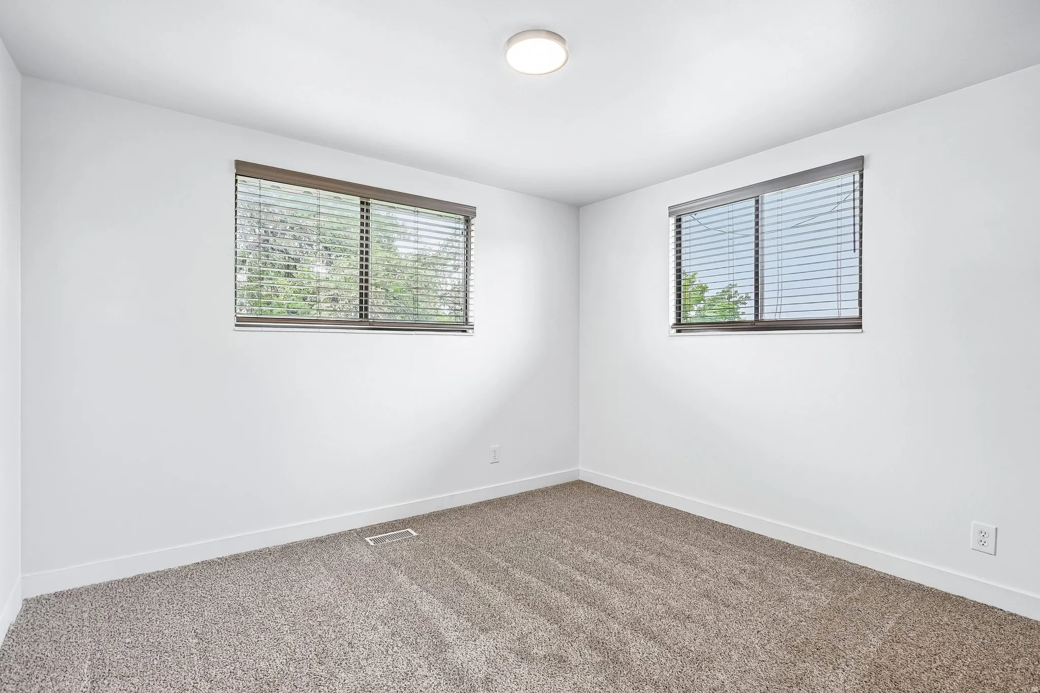 Carpeted room featuring two windows with horizontal blinds, white walls, and a ceiling-mounted light fixture