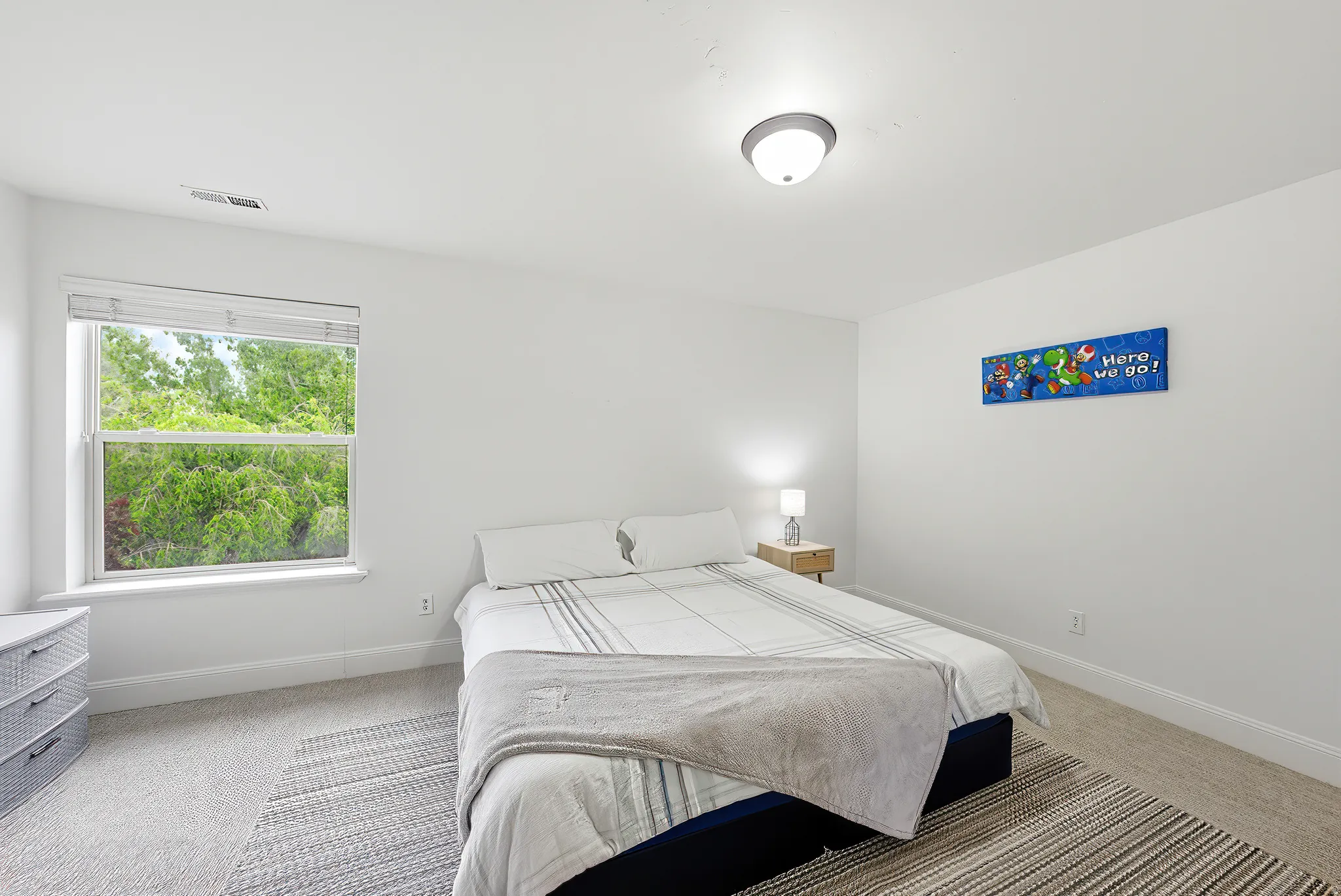 Bedroom with light gray carpeting, a large window, white walls, and a ceiling-mounted light fixture
