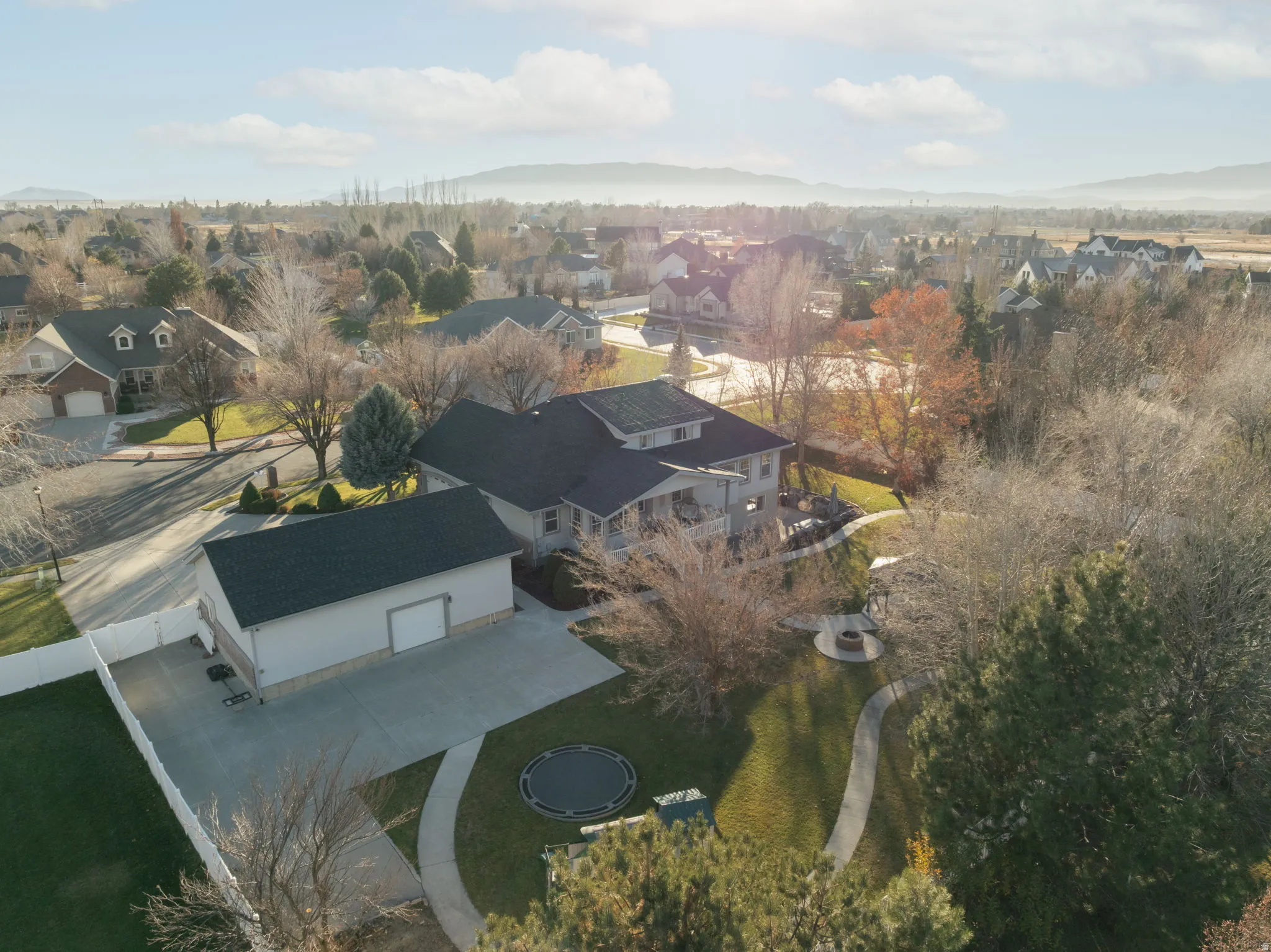Aerial view of residential area with mountains