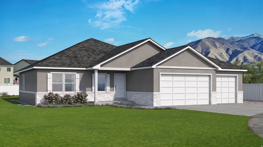 Contemporary single-story residence featuring a stucco exterior, stone veneer accents, and a dark shingle roof