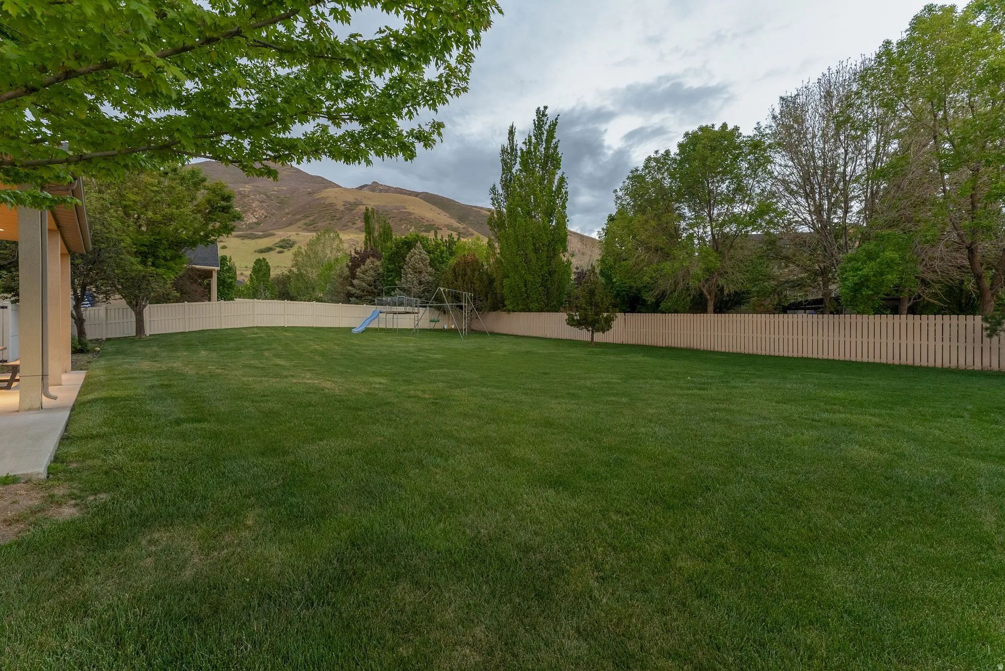 Expansive green lawn with a privacy fence