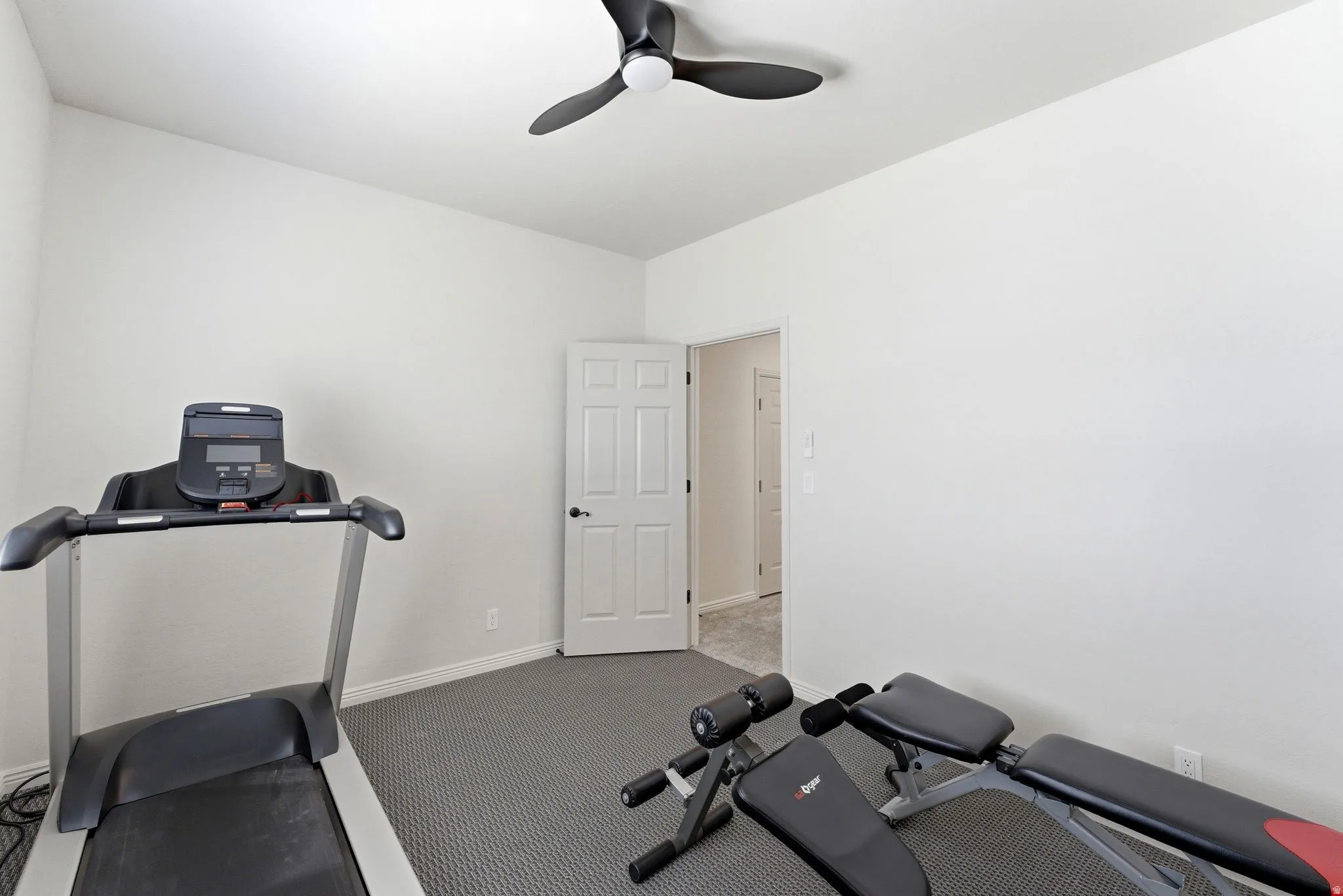 Room featuring light-colored walls and dark textured carpeting