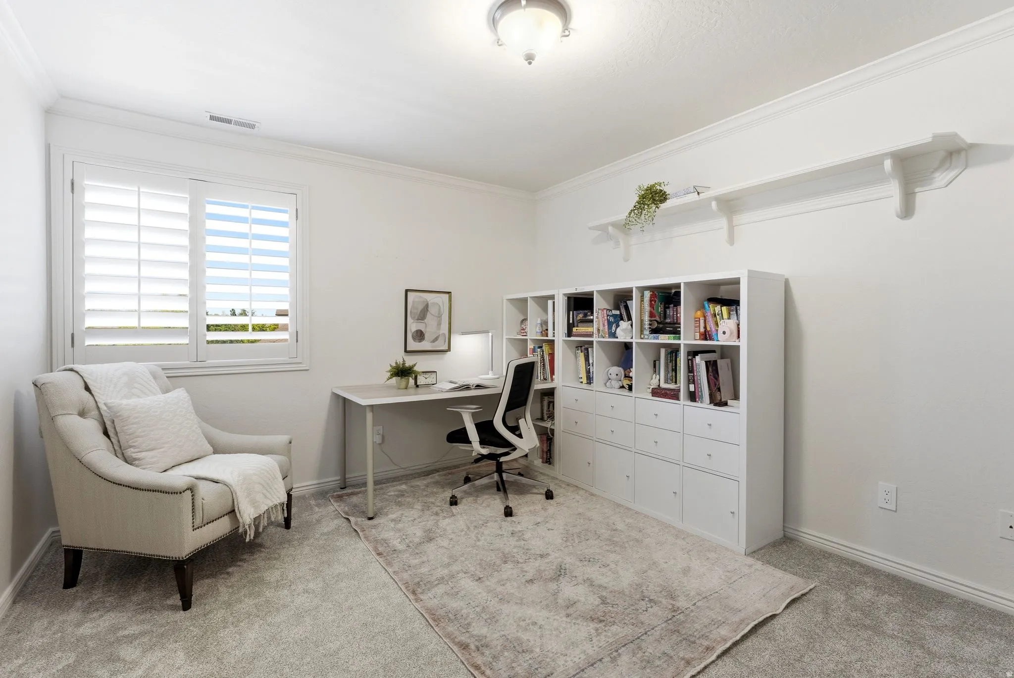 Bright room featuring a single window with white plantation shutters, crown molding, light-colored carpeting, a built-in wall shelf, and a built-in modular storage unit