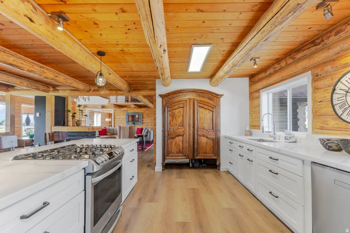 Contemporary kitchen with wood-finish flooring, white cabinetry, and light-toned countertops