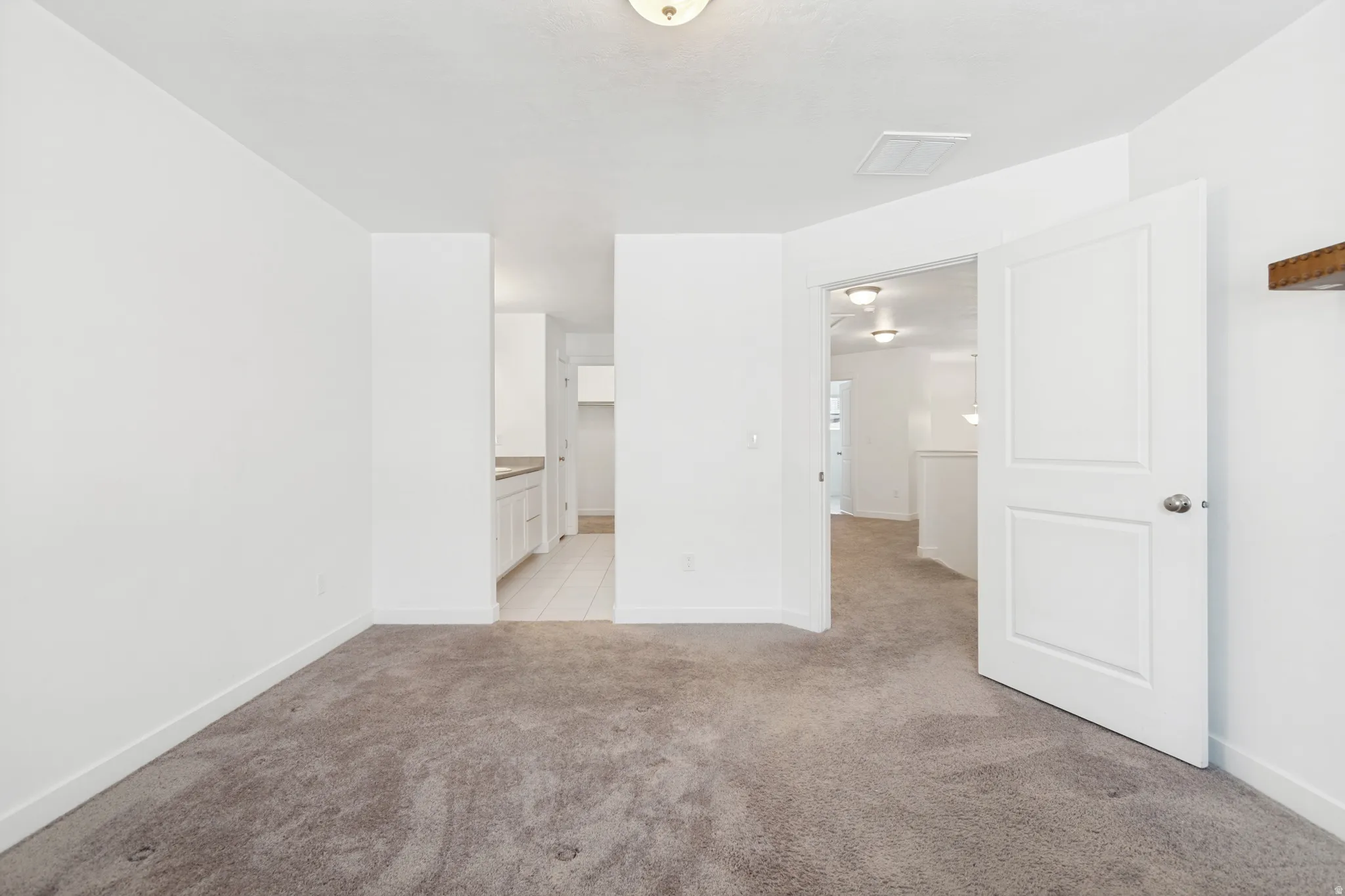 Carpeted room with white walls, baseboards, and a ceiling-mounted light fixture