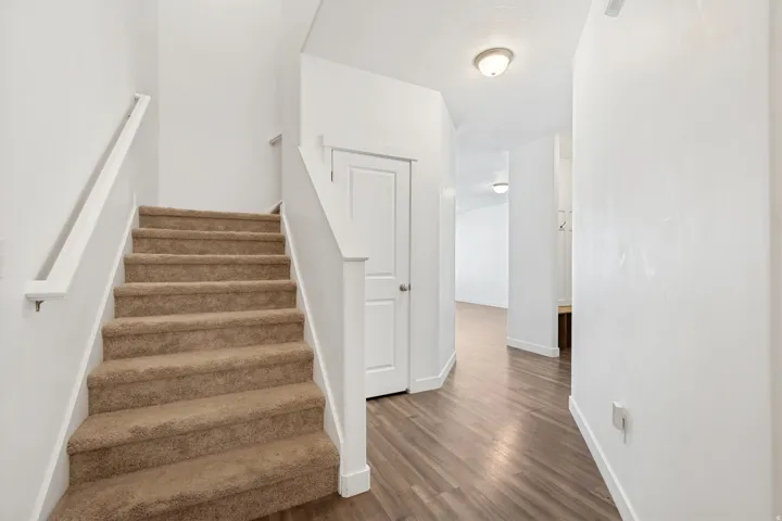 Entryway with a carpeted staircase featuring white handrails, wood-finish flooring, a ceiling-mounted light fixture, and white interior doors
