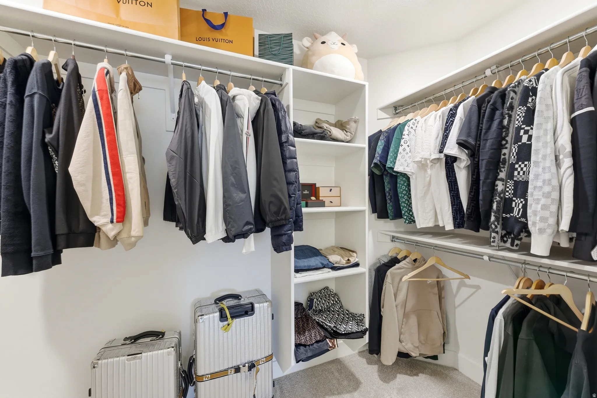 Walk-in closet featuring white built-in shelving, multiple hanging rods, and carpet flooring