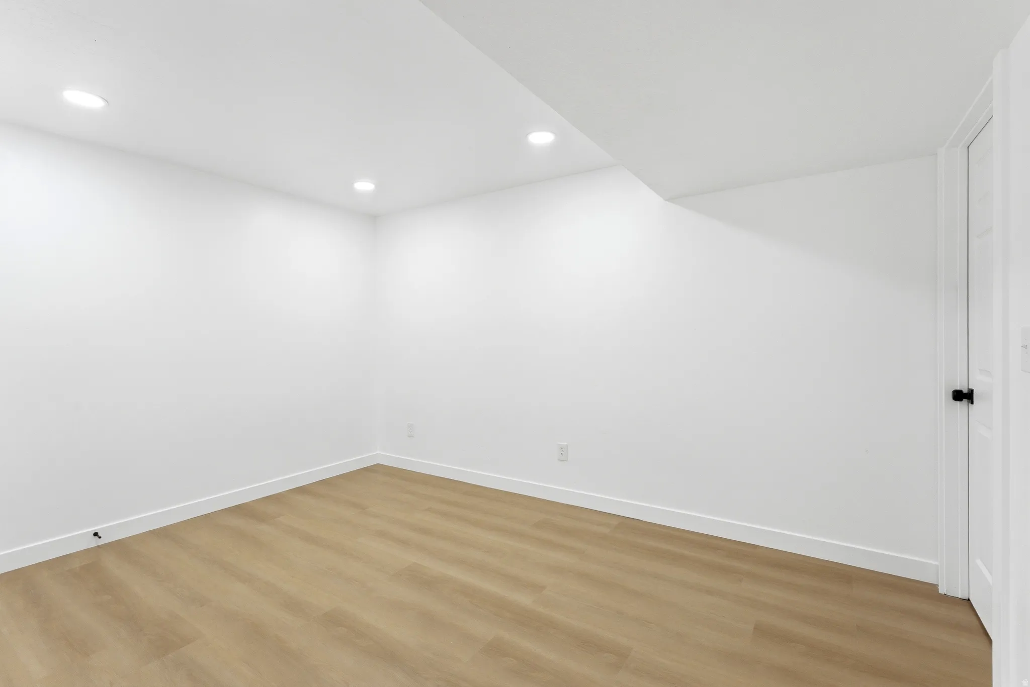 Bright interior space featuring recessed lighting, light wood-finish flooring, white walls, and a white paneled door with a matte black knob