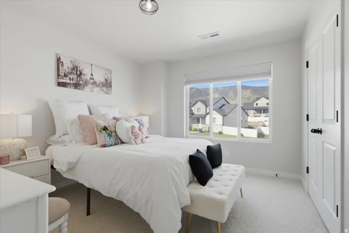 Bright room featuring a large window with mountain scenery, neutral wall color, overhead light fixture, white paneled door with black hardware, and light-colored carpeting
