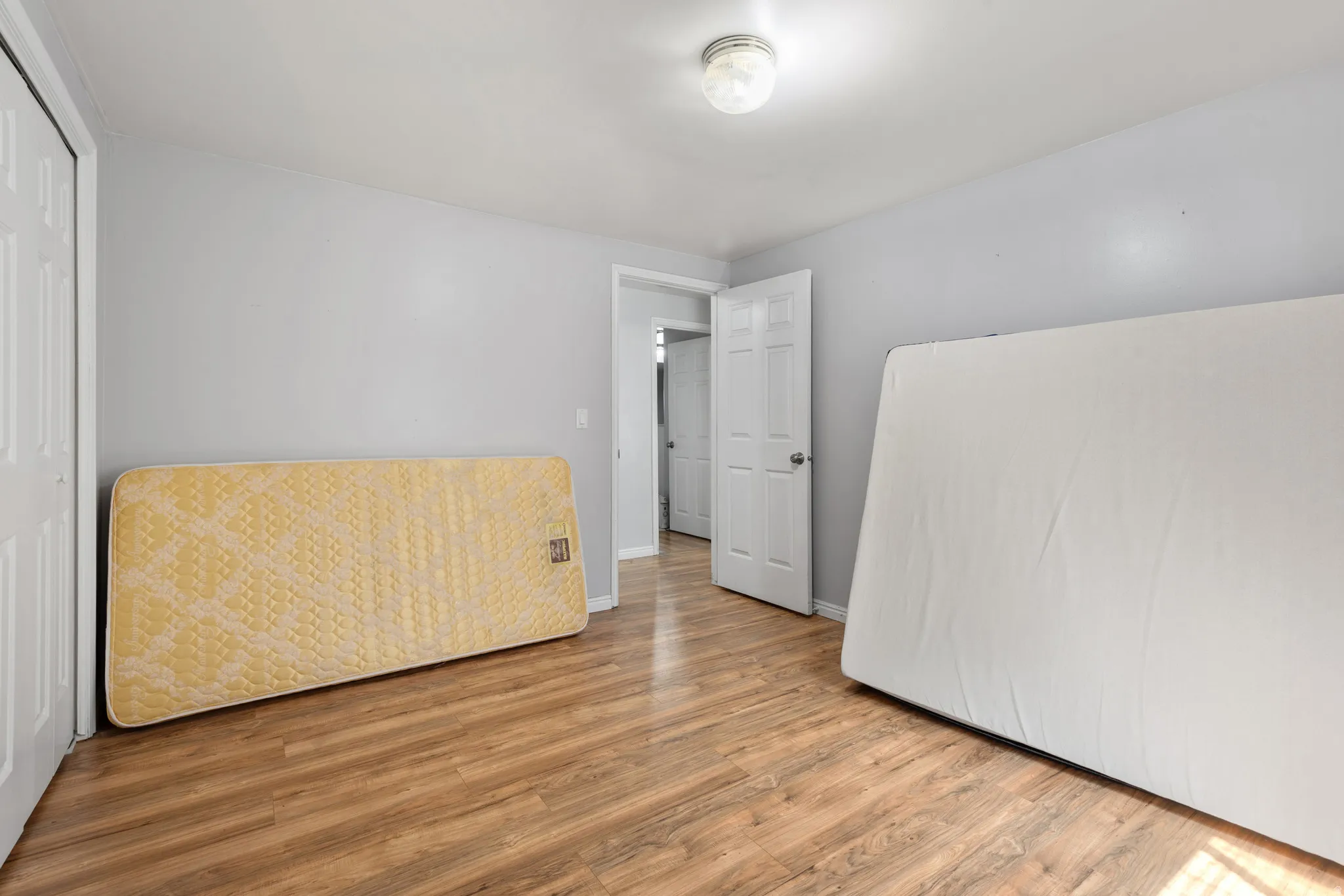 Room featuring wood-finish flooring, light grey painted walls, white trim, a white interior door, and a flush-mount ceiling light fixture