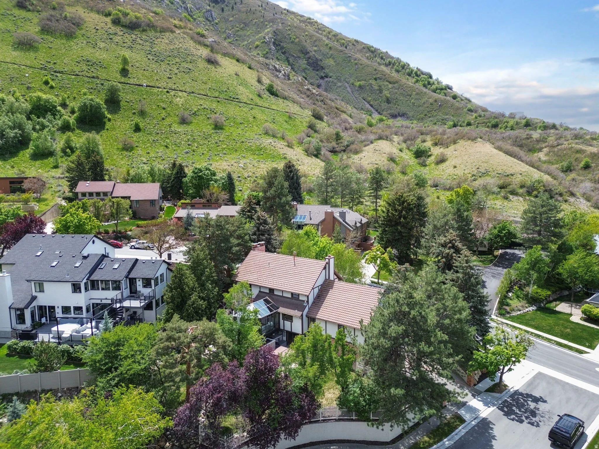 Aerial perspective showcasing the property's hillside setting and established neighborhood