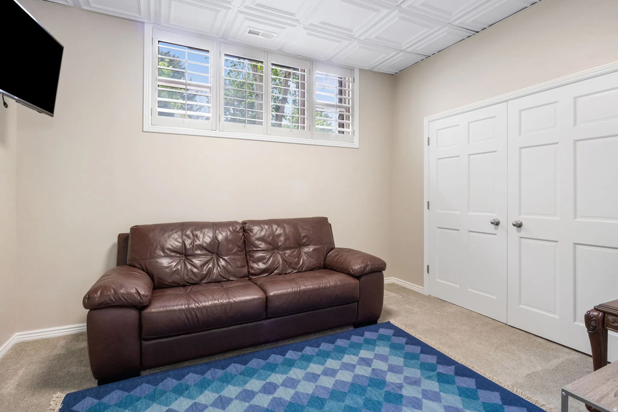 Recessed windows with interior plantation shutters, carpeted flooring, and a white paneled ceiling