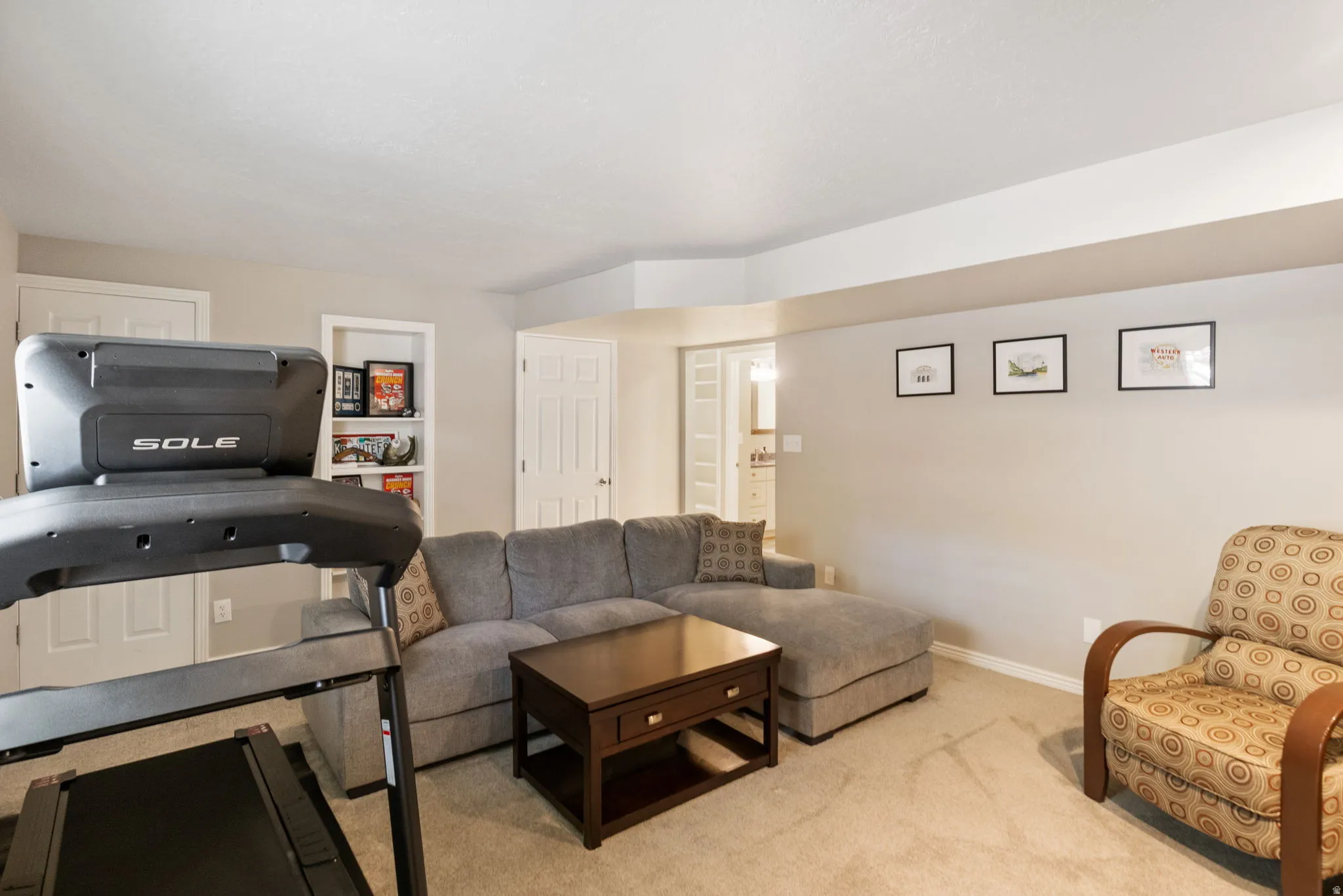 Carpeted recreation room featuring an integrated built-in bookshelf, recessed lighting, and a neutral color palette