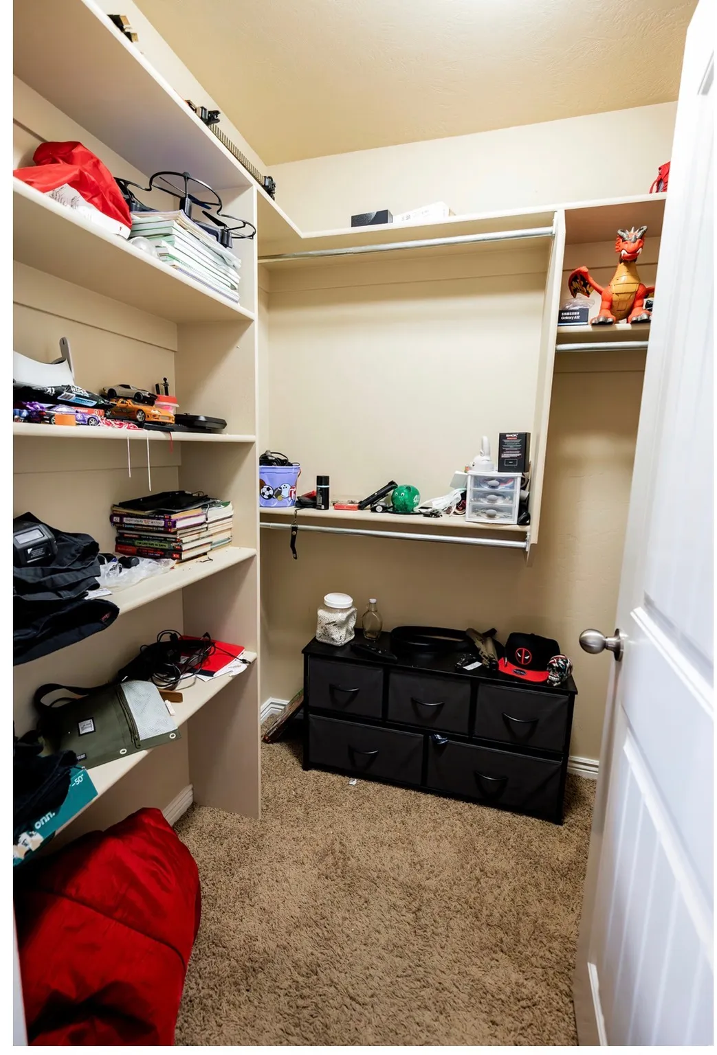 Walk-in closet with built-in shelving, hanging rods, and carpet flooring