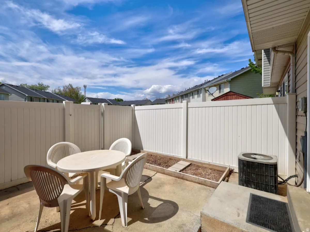 Private concrete patio with full privacy fencing
