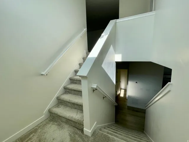 Multi-level interior featuring carpeted stairs with white handrails and trim