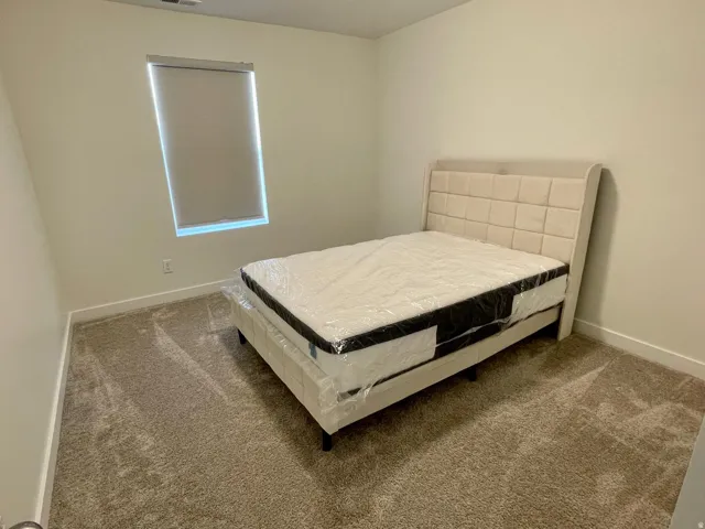 Neutral tone wall finishes, light-colored carpeting, white baseboards, and a single window with a roller shade